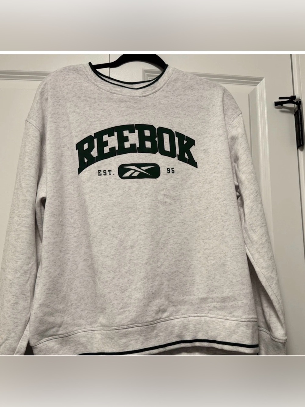 Reebok women’s Light Gray Crewneck Sweatshirt with Dark Green Logo
